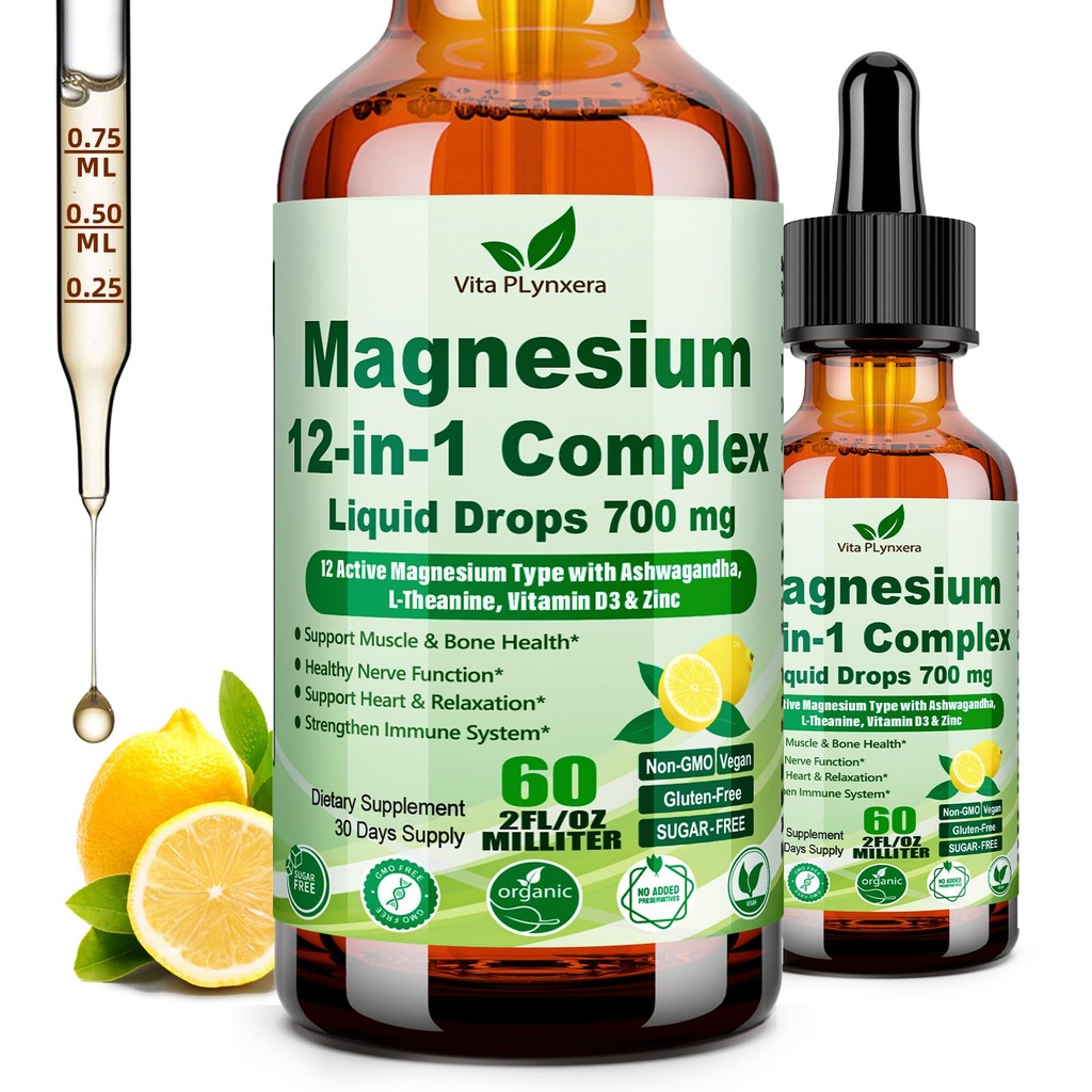 12-in-1 Magnesium Complex Liquid Drops, Chelated Magnesium Citrate Glycinate Taurate Malate Aspartate w. Ashwagandha Theanine D3 & Zinc for Relaxation Sleep Immune Health & Muscle Function丨Women Men.