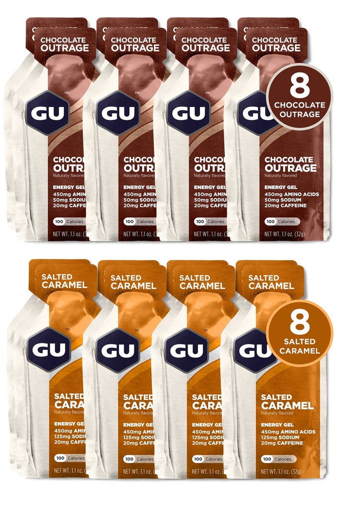 GU Energy Original Sports Nutrition Variety Pack: 8 Chocolate Outrage + 8 Salted Caramel (16 Packets Total)