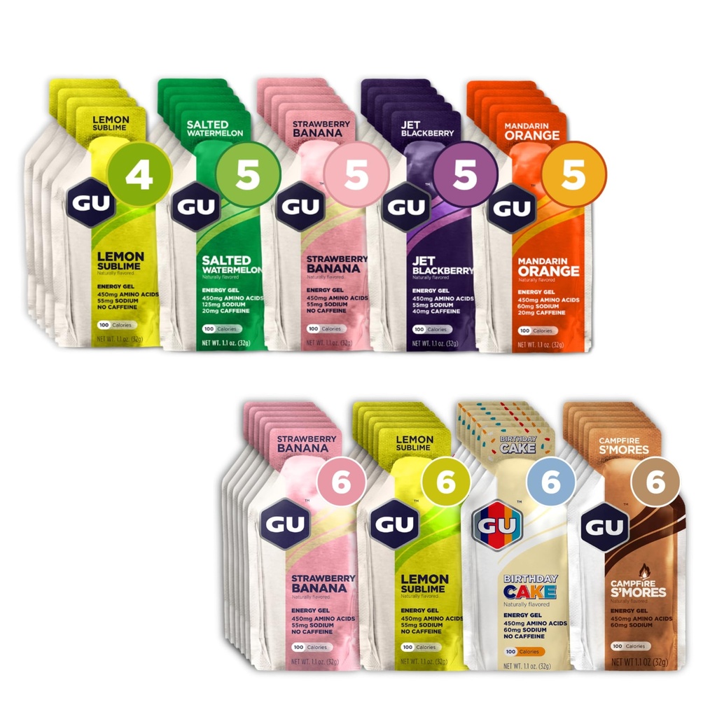 GU Energy Original 24-Count Sports Nutrition Energy Gels Bundle with Caffeine and Caffeine-Free 24-Count Assorted Flavors Variety Packs