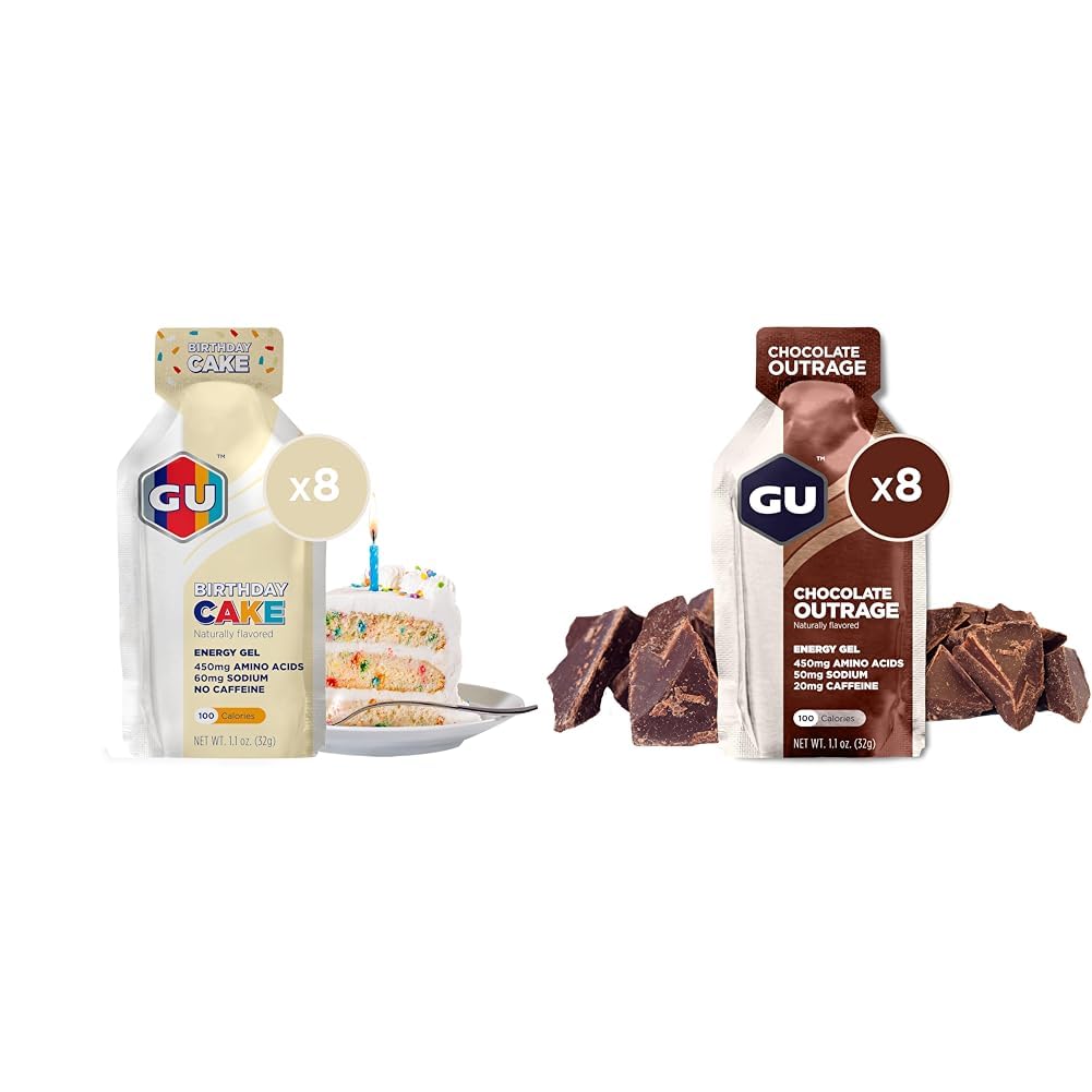GU Energy Original Sports Nutrition Energy Gel, Vegan, Gluten-Free, 8-Count Birthday Cake and Chocolate Outrage Flavors