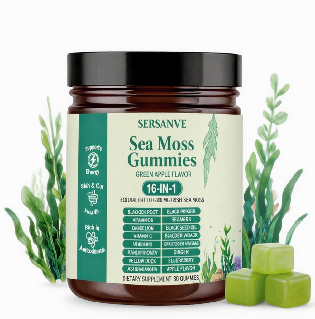 Sea Moss Gummies 16-in-1, with Black Seed Oil, Ashwagandha & Elderberry | Organic Irish Sea Moss Supplement for Men & Women | Daily Support with Manuka, Burdock Root & Vitamins C & D3, 30 Gummies