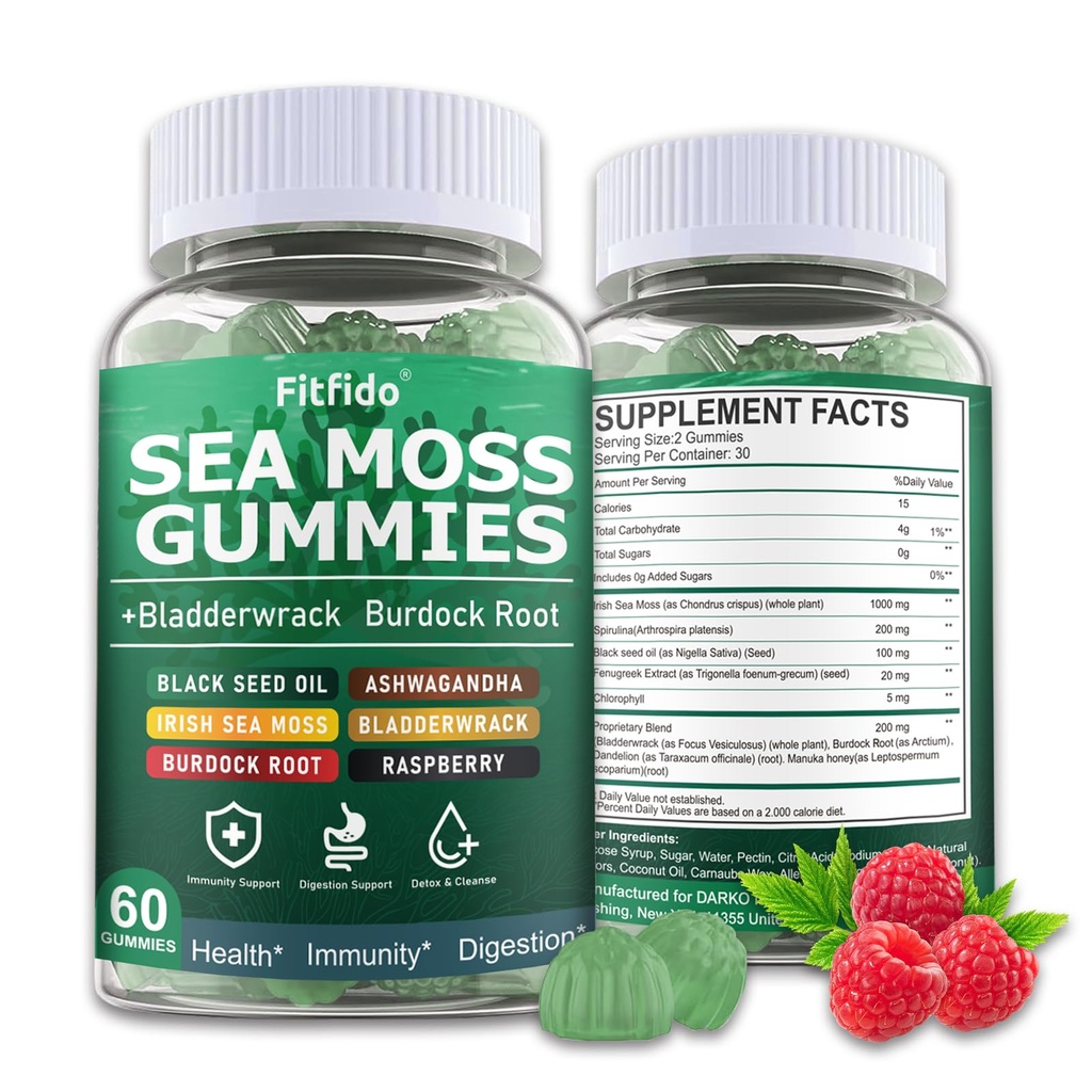 Irish Sea Moss 3000mg Gummies with Bladderwrack, Burdock Root & Manuka Honey – Immune, Thyroid & Energy Support for Women, Men & Kids – Sugar Free Vegan Seamoss Supplement (60 Count)