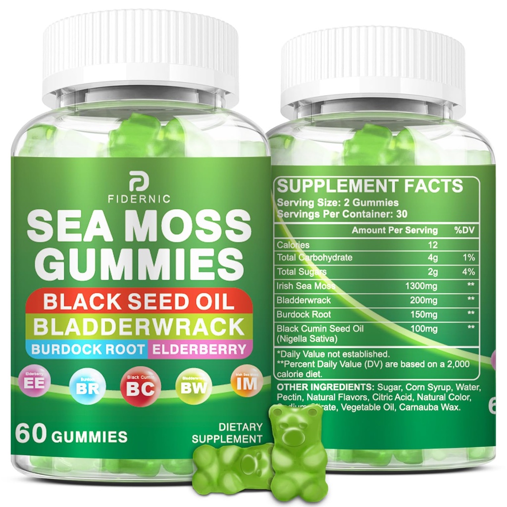 Sea Moss Gummies – Irish Sea Moss with Elderberry & Black Seed Oil, Bladderwrack, Burdock Root for Immune & Detox Support, Vegan Green Apple Flavor Gummies for Adults, Kids, Men, Women - 60 Gummies