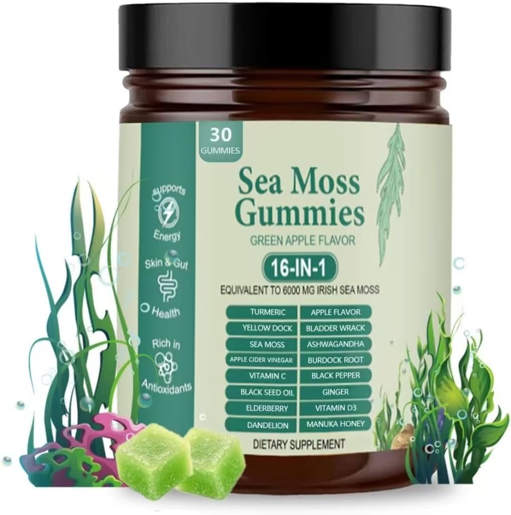Sea Moss Gummies 16-in-1 with Black Seed Oil, Ashwagandha, 30 Servings, Irish Seamoss Gummies Boosts Immune Support, Wellness and Digestion