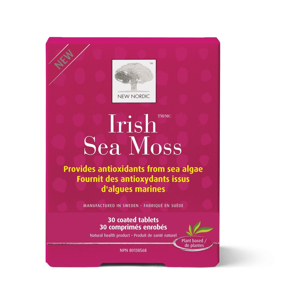 NEW NORDIC Irish Sea Moss Extract, Powerful Tri-Algae Complex with Pure Norwegian Kelp and Wakame Seaweed, Vegan & Gluten Free, Compressed Raw Powder, 30 Tablets