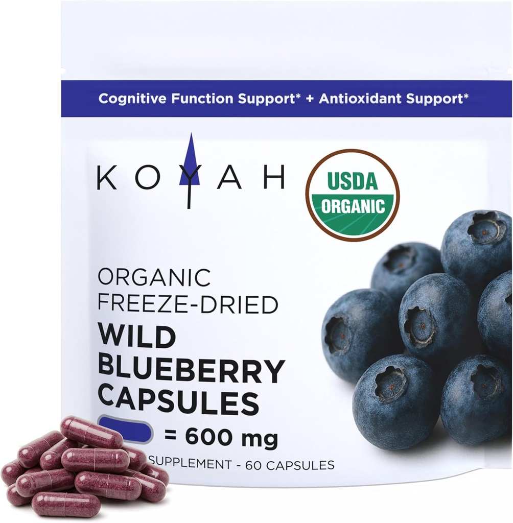 KOYAH Organic Wild Blueberry Capsules – Fruta entera congelada – 600 mg (3,960 mg de Fresco) – Variedad de bajobus (Vaccinium angustifolium) - Función cognitiva & antioxidante Soporte - 60 cápsulas