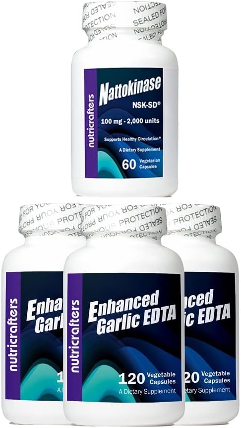 3 botellas de ajo mejorado EDTA con una botella de Nattokinase