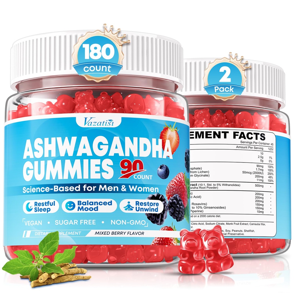 Ashwagandha Gummies for Women & Men - 180 Count - Ashwagandha Supplements with L-Theanine, GABA, Magnesium, Zinc & Vitamin D3, Non-GMO, Sugar Free & Gluten Free