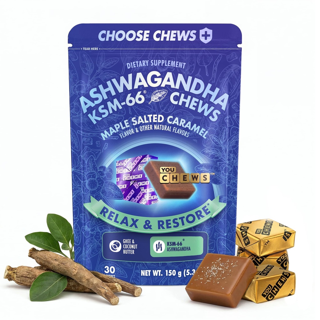 YouChews Ashwagandha KSM-66 Chews for Stress Relief & Mood Support, Organic Ashwagandha Gummies KSM 66 Alternative, Mood Support, Maple Salted Caramel Flavor, 30 Count