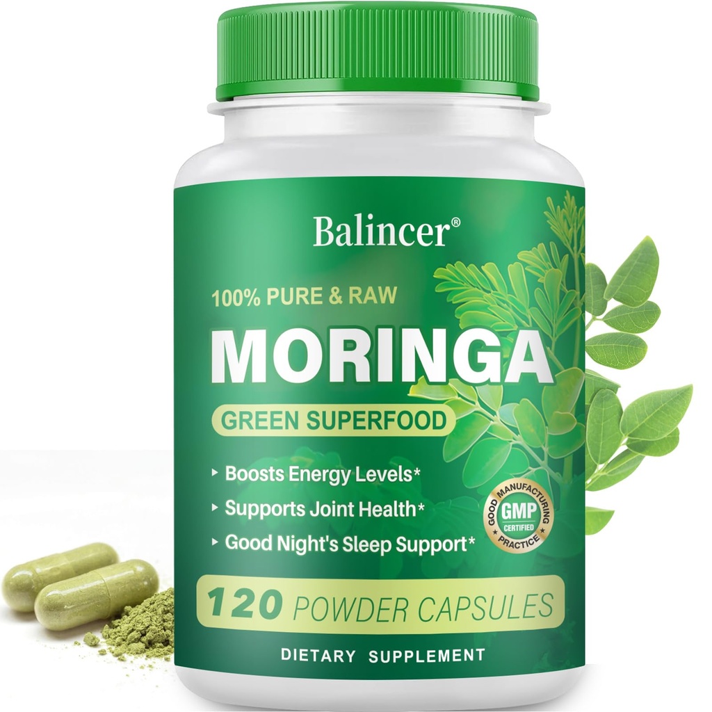Moringa Powder Capsules, Pure Moringa Leaf Natural Green Antioxidant Superfood, High Potency Nutrient for Energy, Skin Health, Gut Health Supports, 120 Vegan Capsules