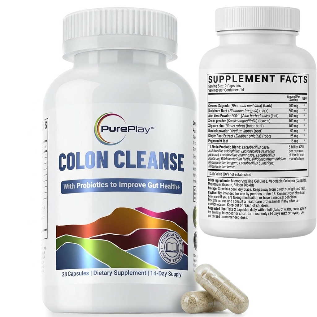 PurePlay 14 Day Colon Cleanse for Gut Health, Natural Detox Cleanse Supplement for Constipation Relief, Bloating Relief, Gentle Weight Loss for Women & Men with Pure Ingredients, 28 Capsules