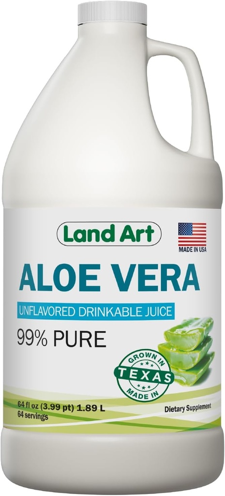 Land Art - Pure Aloe Vera Juice Unflavored – Cold-Processed - 99,7% Organic Aloe Vera Inner Fillet from Fresh Texas Leaves – Digestive Health, Detox and Natural Wellness – 64 fl oz