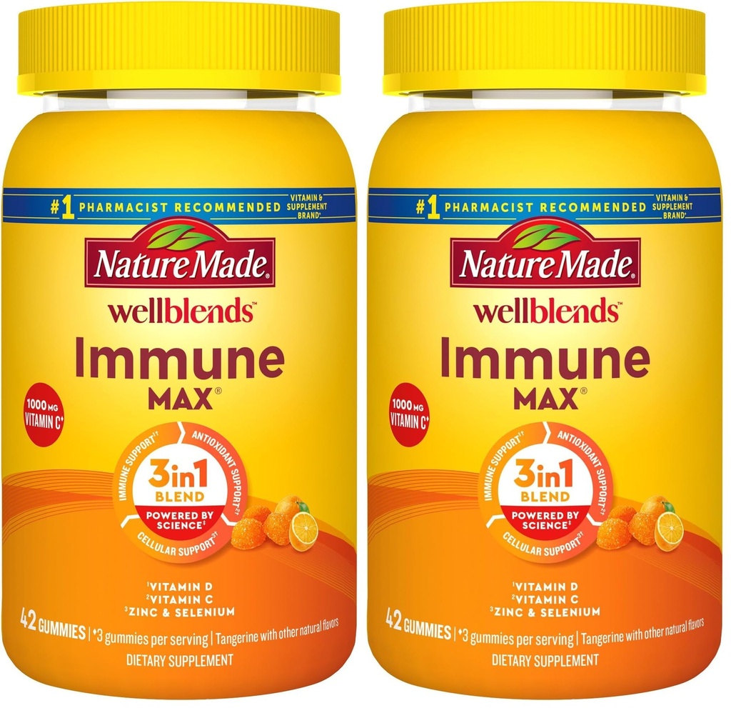 Nature Made Wellblends ImmuneMAX Gummies,Vitamin C,Zinc,and Vitamin D3,Immune Support Supplement,42 Tangerine Flavor Gummies,(Pack of 2)