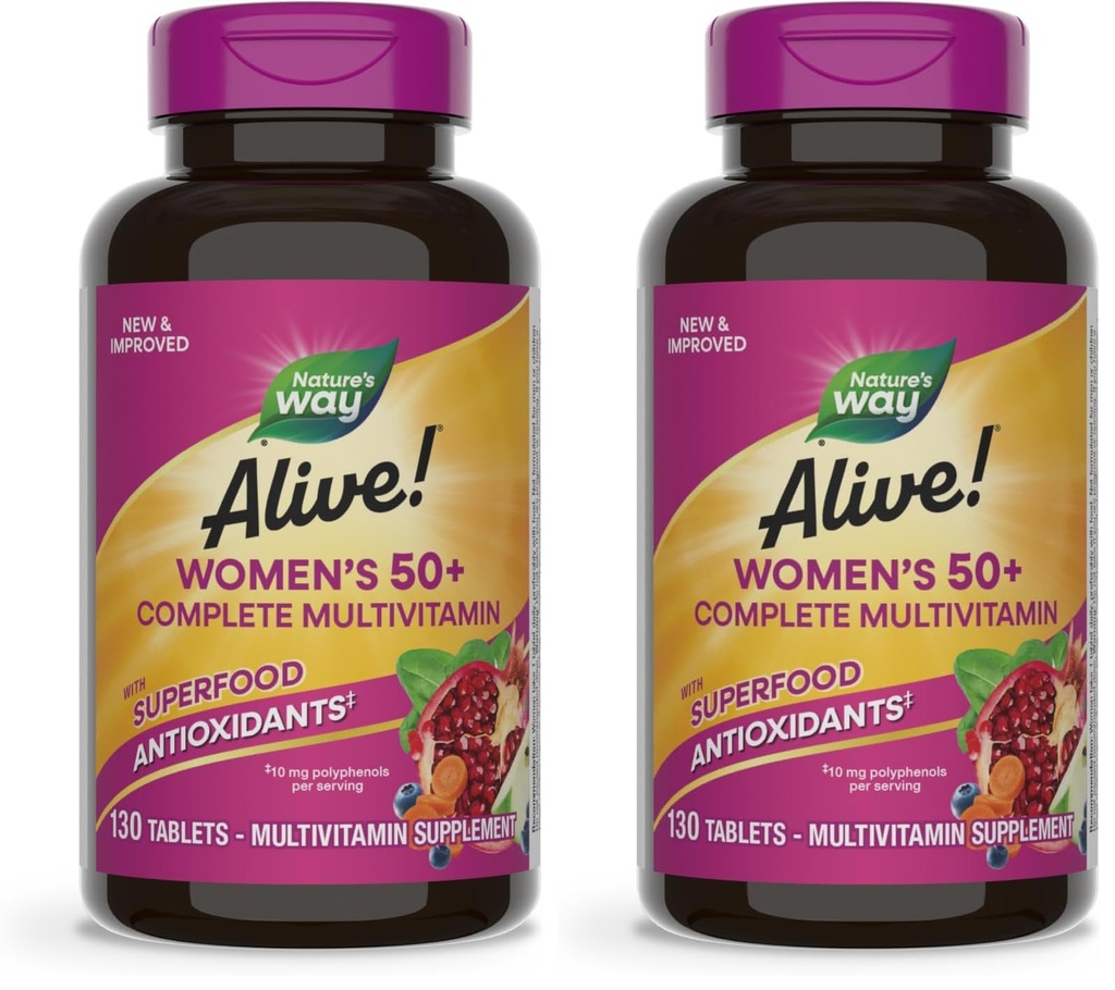 Nature's Way Alive! Women's 50+ Complete Multivitamins, Supports Healthy Heart, Brain, Bones*, Superfood Antioxidants, B-Vitamins, Gluten Free, 130 Tablets (Packaging May Vary),(Pack of 2)