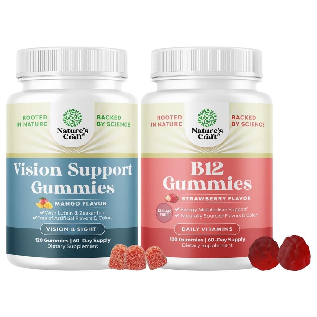 Bundle of Vision Support Gummies for Adults - Lutein and Zeaxanthin Supplements for Eye Health - Lutein Eye Vitamins and Vitamin B12 Gummies - Sugar Free Vitamin B12 for Energy & Mood Support
