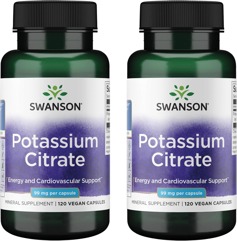 Citrato de Potasio de Swanson - Suplemento Mineral Promoción de la Salud del Corazón y Apoyo Energético - Ayudas Optimal Nerve & Kidney Fun with Natural Ingredients - (120 cápsulas, 99 mg cada uno) (2 Pack)