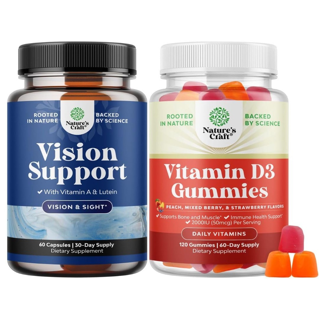 Bundle of Complete Eye Health Supplement for Adults - Lutein 20mg Per Serving for Vision Dry Eyes & Blue Light Protection and Vitamin D3 Gummies with D3 2000IU per Serving Bone Muscle & Immune Support