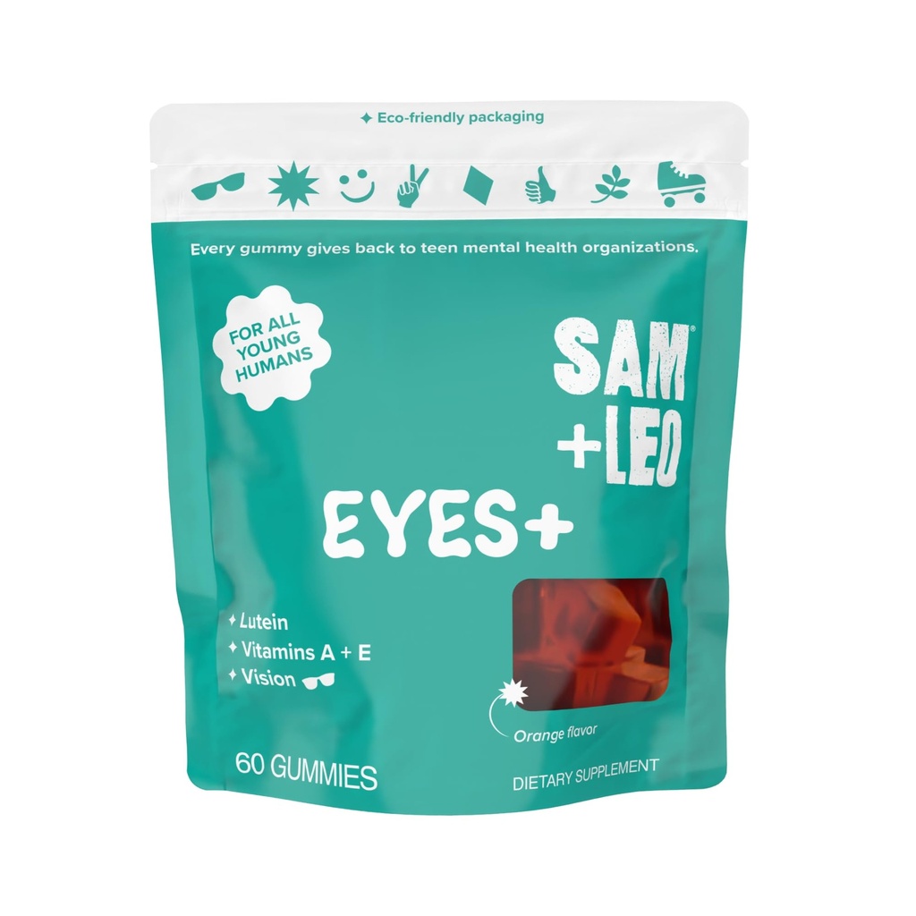 SAM+LEO Eye Vitamin Gummies with Lutein & Zeaxanthin for Kids & Teens - Eye & Vision Health Support Supplement Gummies + Vitamins A, E, & C | Vegan & Gluten Free Supplement - Orange Flavor (60 ct)