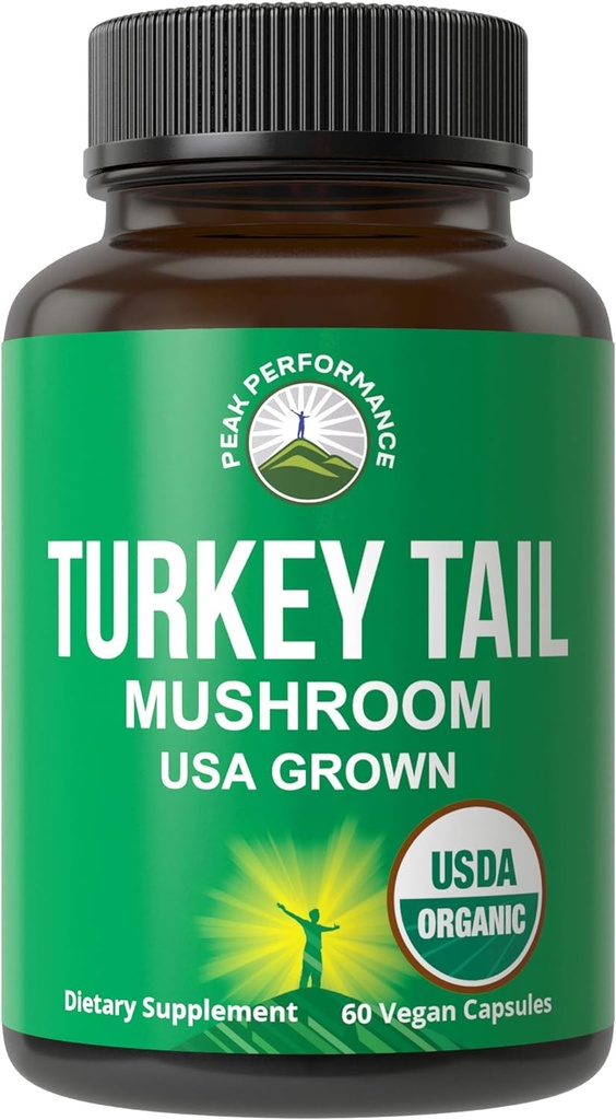 Peak Performance Organic Turkey Tail Capsules - USA Grown Made with Real Turkey Tail Mushroom. Immune System Support Naturally Harvested Mushroom Supplements for Immunity. Vegan Supplement Extract