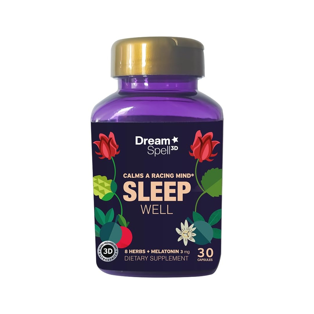 Dream Spell 3D Natural-Based Sleep Aid - Soothes an overactive Mind at Bedtime, No Next-Day Grogginess- Drug-Free with 3Mg Melatonin, GABA, Hops - Restful Nights, Refreshed Mornings - 30 Capsules
