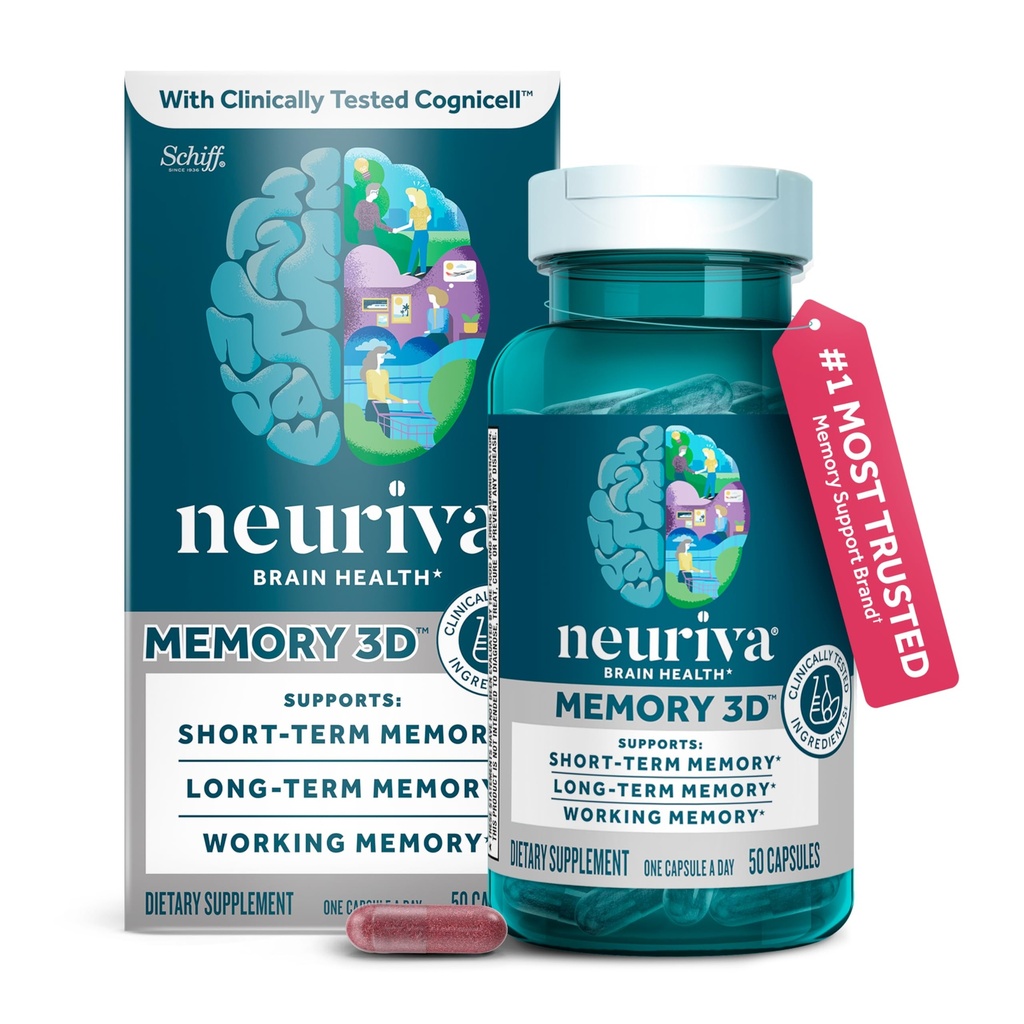 NEURIVA Memory 3D Brain Supplement - Nootropic Capsules for Memory, Focus & Cognitive Function - Short Term, Long Term, & Working Memory Support - 50ct (1)