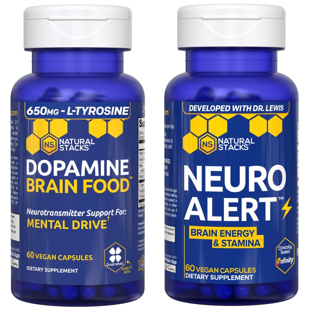 NATURAL STACKS NeuroAlert + Dopamine Brain Food Bundle - 200mg Paraxanthine & 650mg L-Tyrosine Supplement - Caffeine Free Supplement - Support for Brain Energy & Mental Drive* - 50 Total Servings