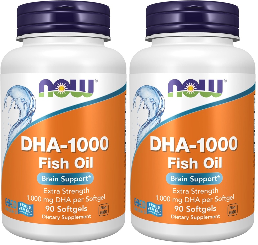 NOW Foods Supplements, DHA 1,000 Brain Support, Extra Strength, 1,000 mg DHA, 90 Softgels, (Pack of 2)
