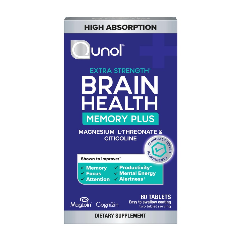Qunol Brain Health Memory Plus, Magnesium L-Threonate & Citicoline, Clinically Tested Ingredients to Improve Memory, Focus, Attention and Productivity, 60 Count (Pack of 1)