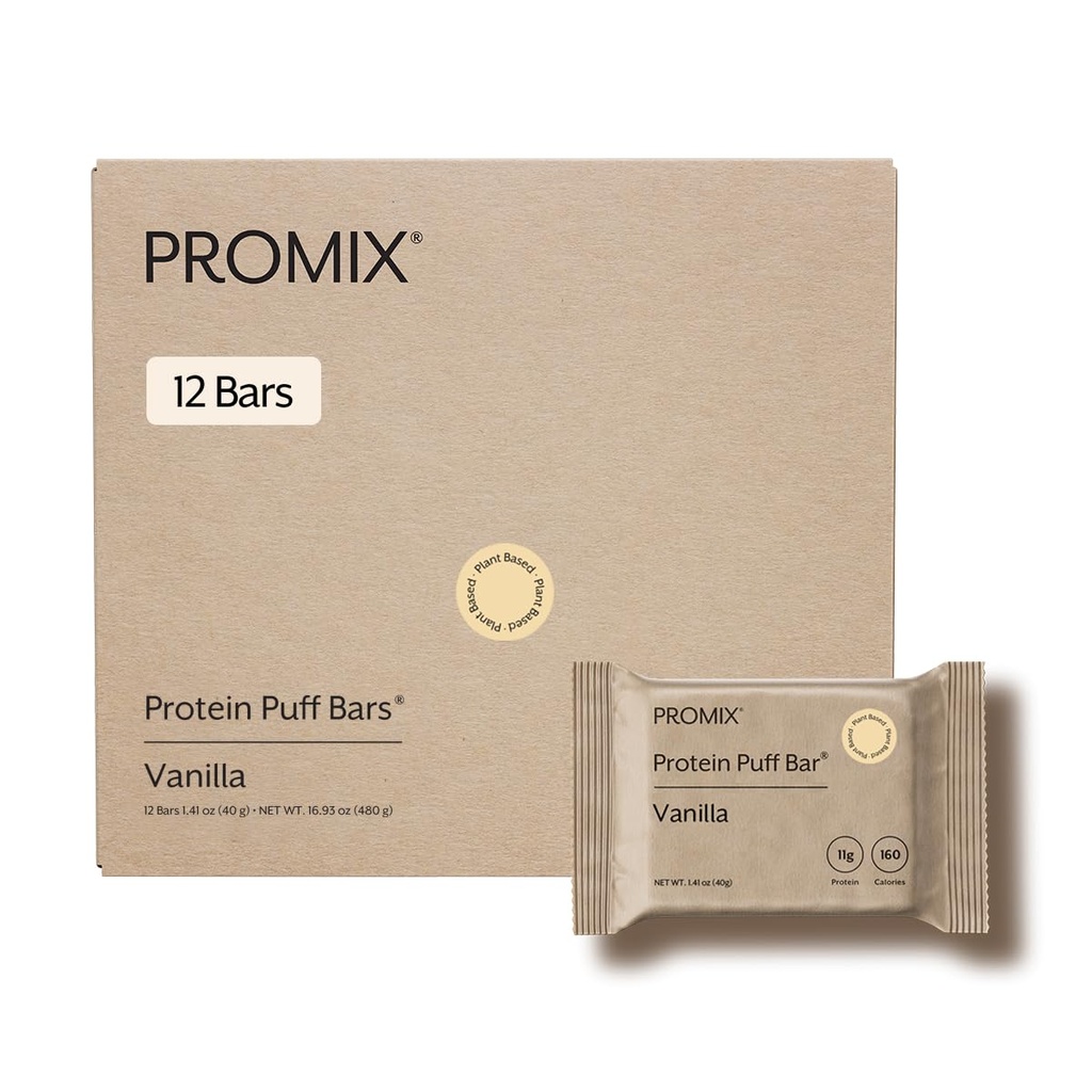 ProMix Nutrition Protein Plant Based Puff Bars - French Vanilla - Marshmallow Crispy Treat - High Protein & Low Calorie - 12 Bars