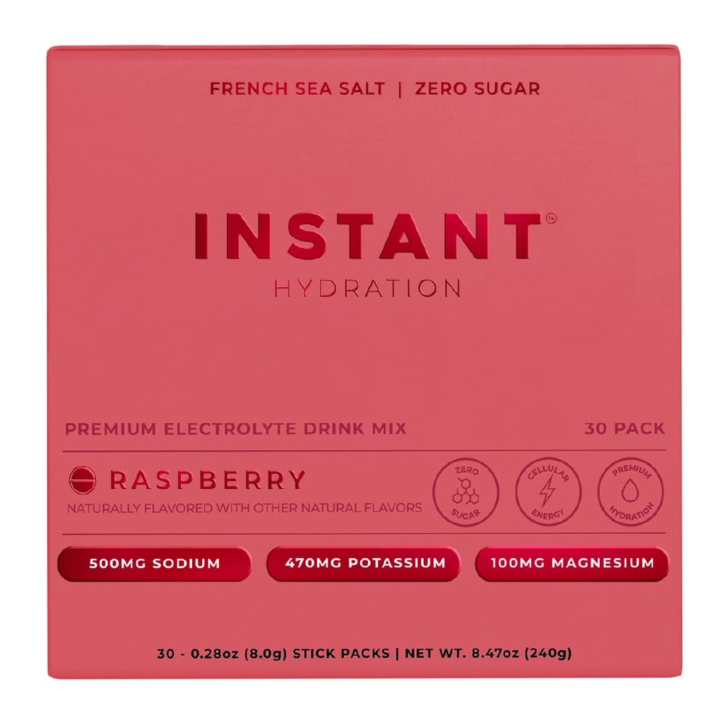 Instant Hydration Electrolytes Powder Packets - Raspberry Electrolyte Drink Mix - Zero Sugar - Keto, Vegan, Gluten-Free, Non-GMO - Boost Recovery, Brain Health, Muscle & Tissue Support- 30 Sticks