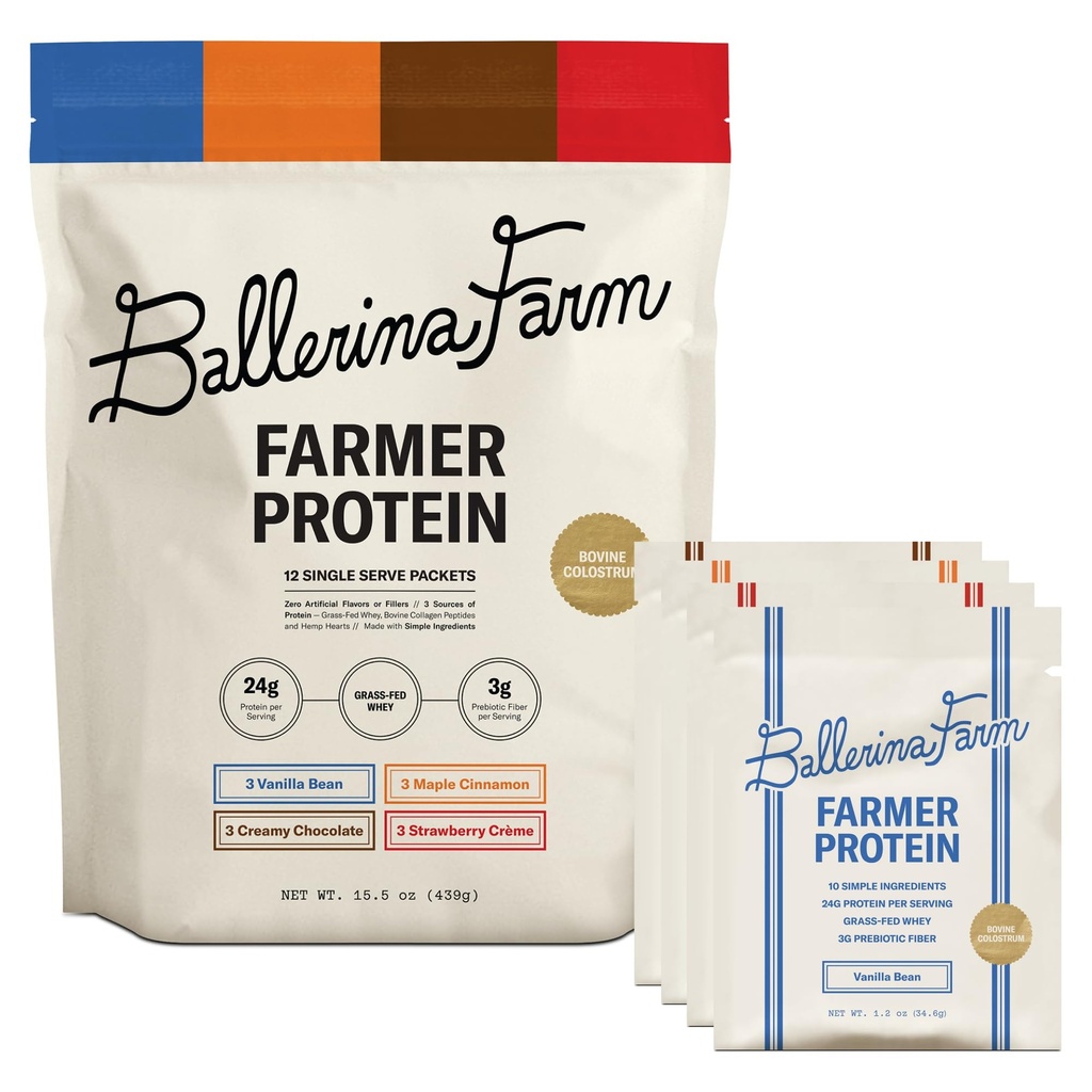 Ballerina Farm Grass Fed Whey Protein Powder, 4 Flavor Variety Pack, 24g Protein with Collagen Peptides, Bovine Colostrum, Hemp Hearts & Prebiotic Fiber, No Artificial Ingredients, 12 Servings