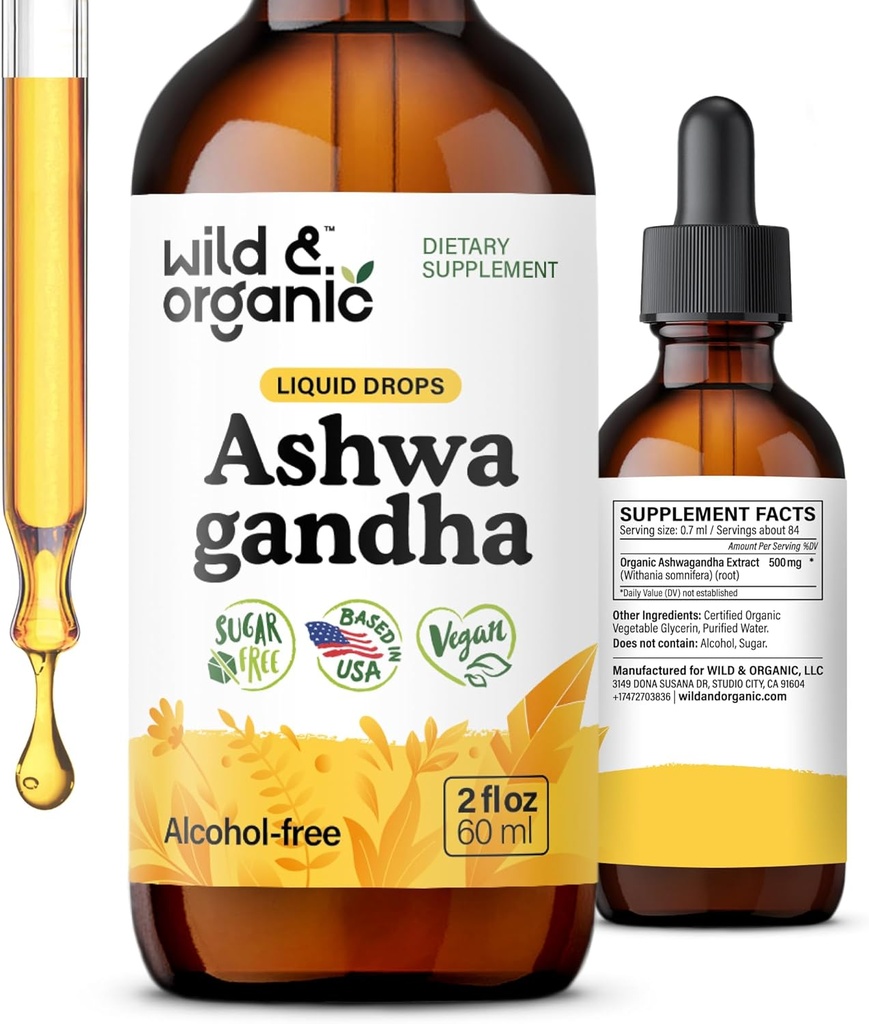 Wild & Organic Ashwagandha Liquid Drops - Calming Ashwagandha Root Extract for Relaxation - 1-Month Supply - Herbal Supplements for Women and Men - Vegan, Sugar &amp; Alcohol-Free Tintura - 2 fl oz