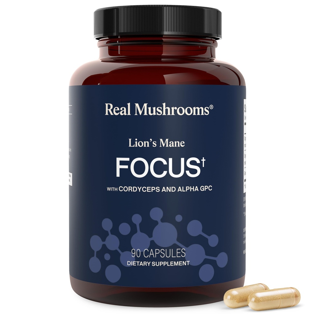 Real Mushrooms Lions Mane Focus Capsules (90 Count) – Organic Lions Mane Fruiting Body Extracts with 200mg Alpha GPC Choline for Mental Clarity & Daily Cognitive Function