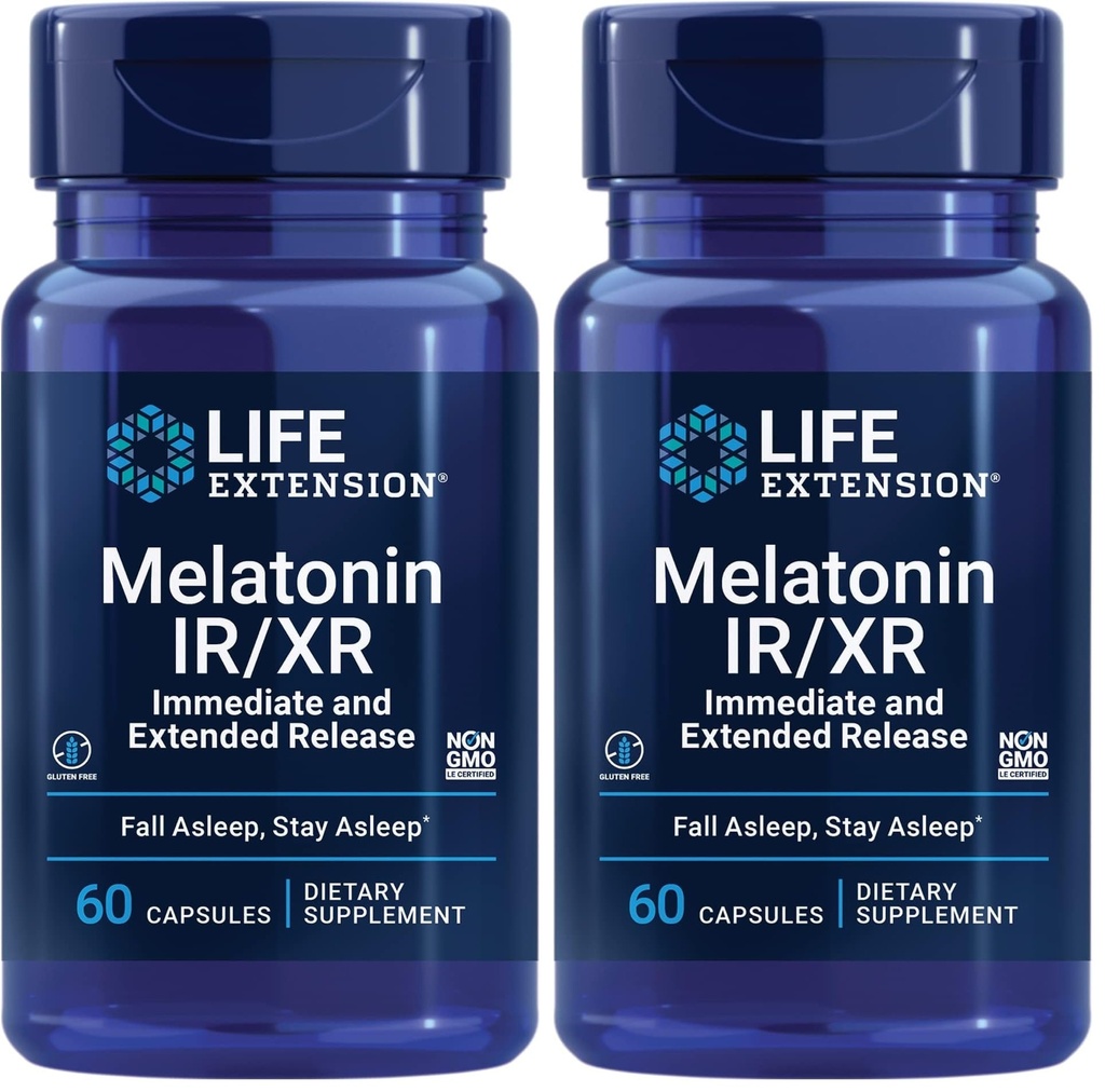 Life Extension Melatonin IR/XR, 1.5 mg, immediate- and Extended-Release Formula for Optimal Sleep Support, Healthy circadian Rhythms, Cellular Defense, Gluten-Free, Non-GMO, 60 Capsules (Pack of 2)