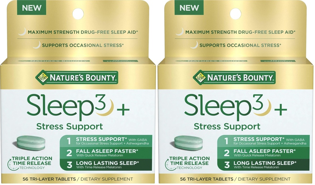 Nature's Bounty Stress Support Plus Melatonin, Sleep3 Maximum Strength 100% Drug Free Sleep Aid, Dietary Supplement with Ashwagandha, Time Release Technology, 10mg, 56 Tri-Layered Tablets (Pack of 2)