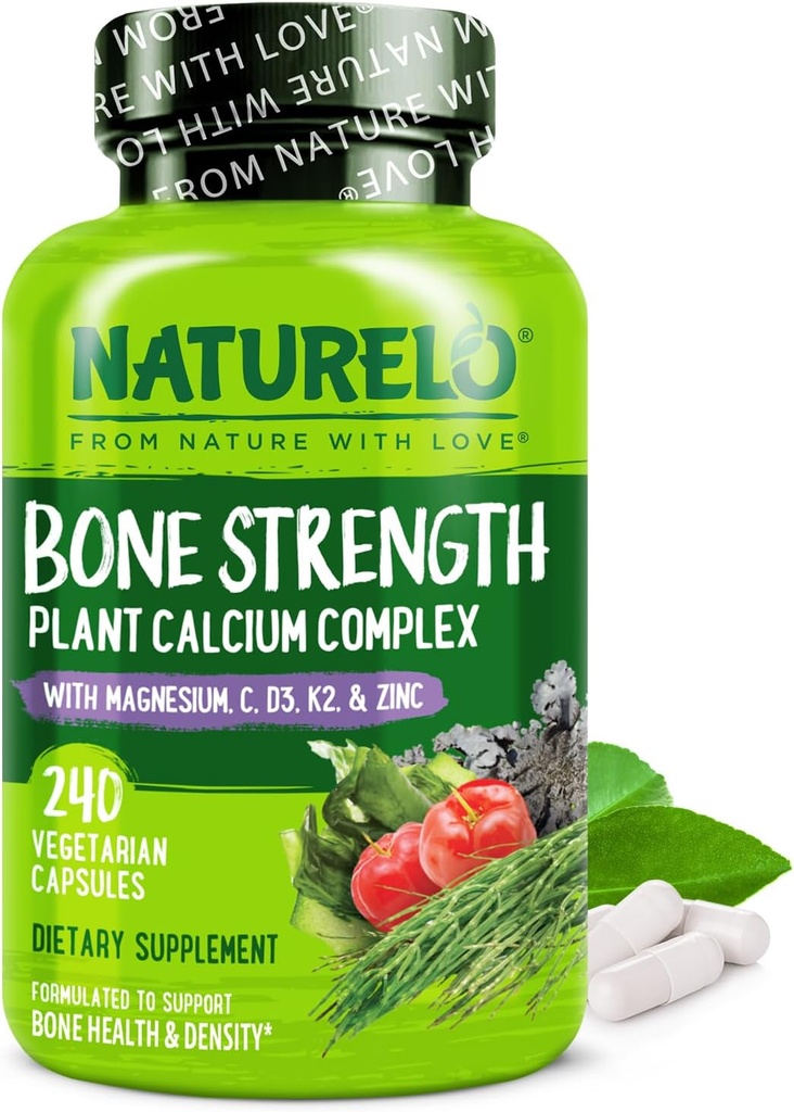 Suplemento de calcio NATURELO - con vitamina C, vitamina D3, K2, y zinc de calcio para la fuerza ósea con calcio 600 mg - base vegetal, 240 cápsulas vegetarianas, no GMO, soy " libre de gluten "