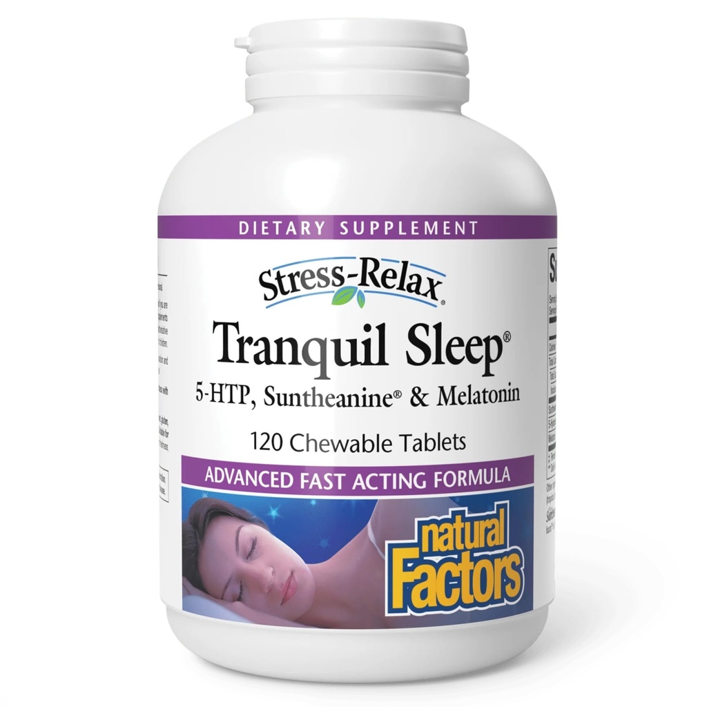 Natural Factors Tranquil Sleep - Calm Sleep Health Supplement - Relaxation Support Supplement with Melatonin & 5-HTP - 120 Chewable Tablets (60 Servings)