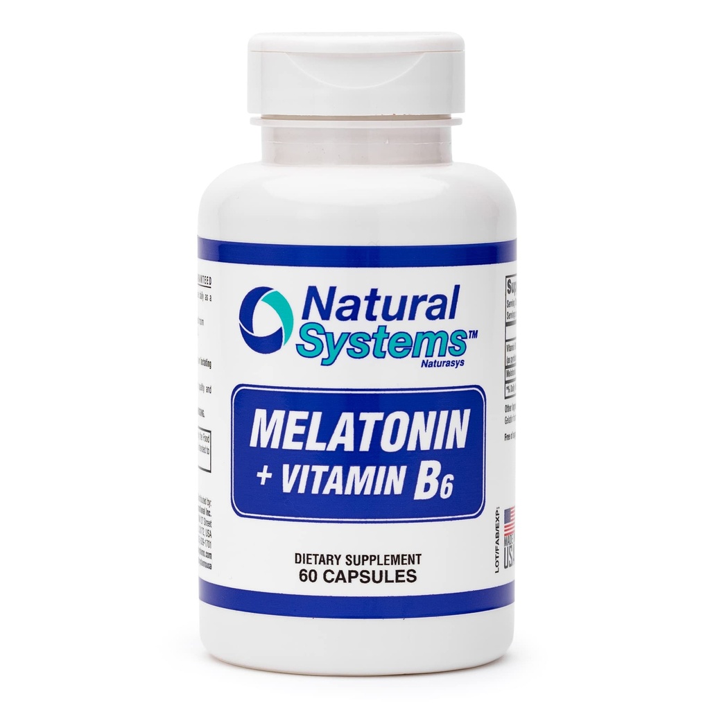 Melatonin 3 Mg + Vitamin B6 Supplement by Natural Systems 60 Capsules - Natural Melatonina for Well Resting - Vitamin B6 Dietary Supplement for Training Enthusiasts - 3 mg Melatonin Boost Immunity
