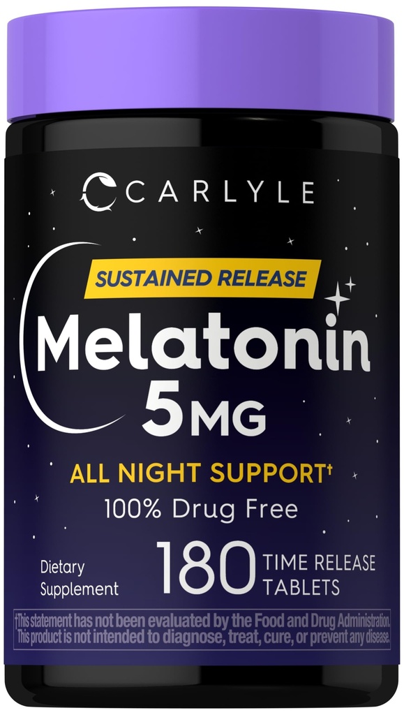 Carlyle Melatonin 5mg ← 180 Tablas de liberación sostenidas  All Night Support Suplemento Silencio Vegan, Non-GMO, Gluten Free Formula