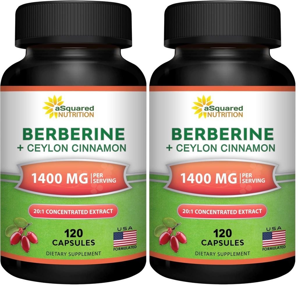 aSquared Nutrition Berberine with Ceylon Cinnamon Supplement - Max Strength Complex - 120 Capsules - Berberine HCl 1200mg Per Serving - Extract Plus Pills Alternative to Gummies & Drops (Pack of 2)