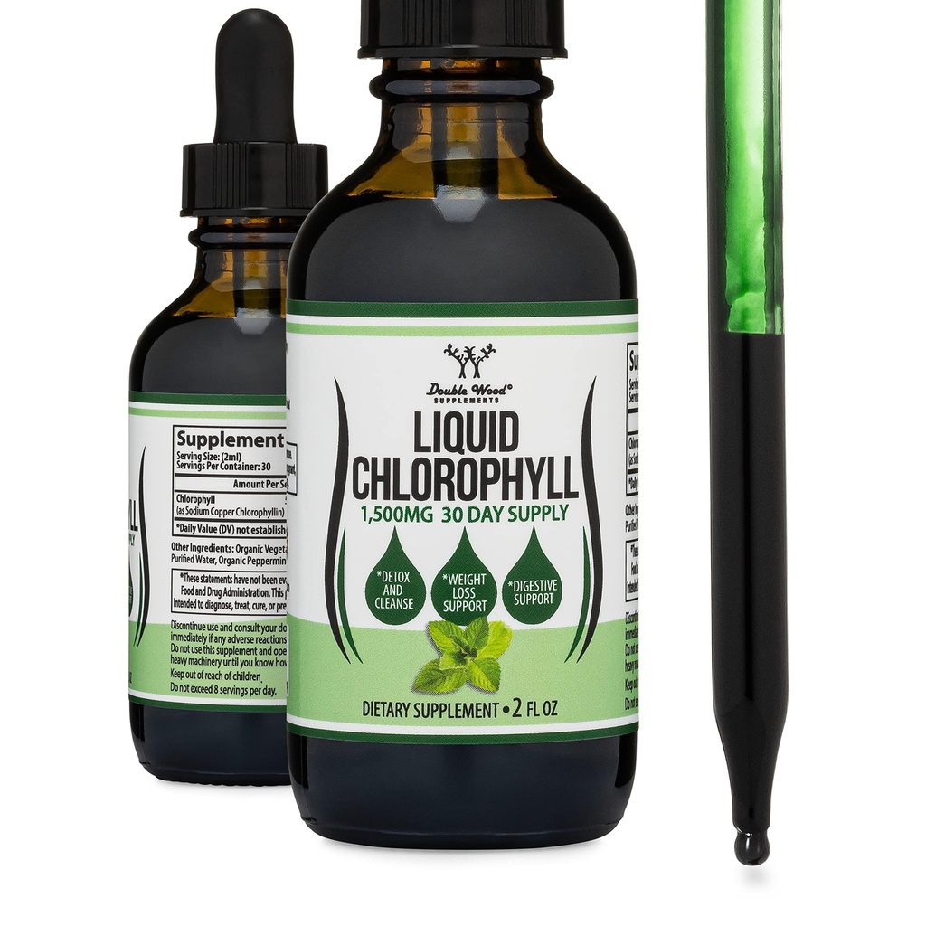 Chlorophyll Liquid Drops - for Digestion, Gut Health, Energy and Detox - Vegan Safe (Rich, Full Texture and Taste, Not Watered Down), 2oz Peppermint Flavored, by Double Wood