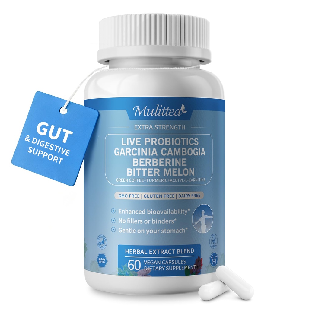 Gut Health Supplement w/Berberine,Garcinia Cambogia,Bitter Melon,Green Coffee, Probiotics, Prebiotics -Supports Digestion, Detox, Energy & Immune Health for Women & Men, 60 Vegan Capsules