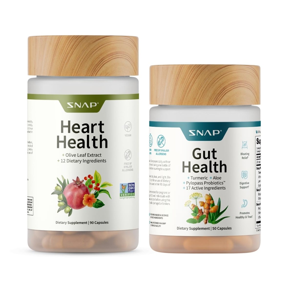 Snap Supplements Heart Health + Gut Health Supplement Bundle, 90 + 50 Vegetarian Capsules (Packaging May Vary)