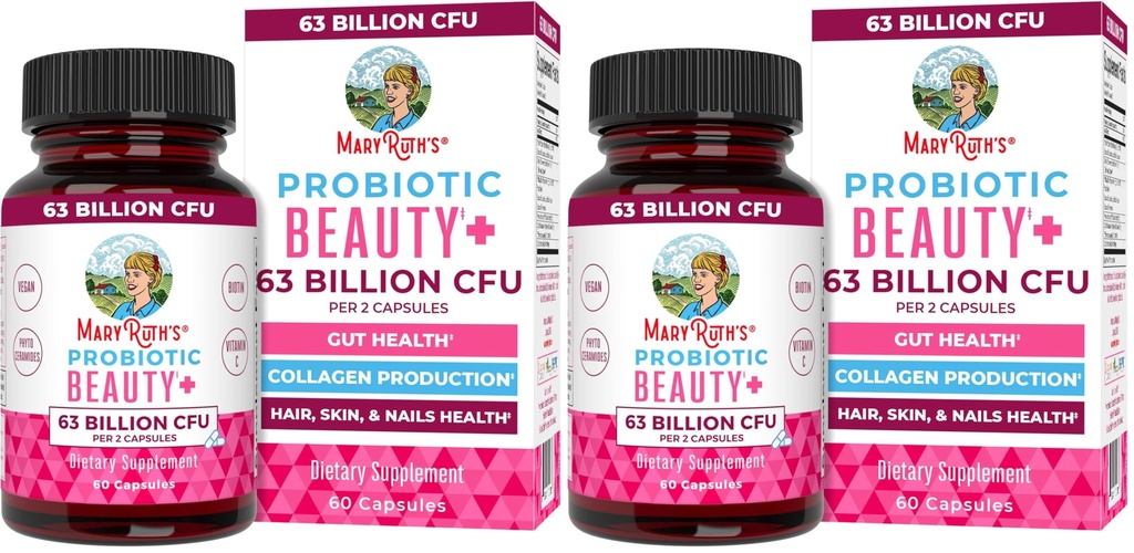 MaryRuth Organics Probiotic Beauty Capsules | Vegan Collagen Support | Anti Aging | Gut Health | Hair Skin and Nails Vitamins | Skin Care | Biotin | Non-GMO Project Verified | 60 Count (Pack of 2)