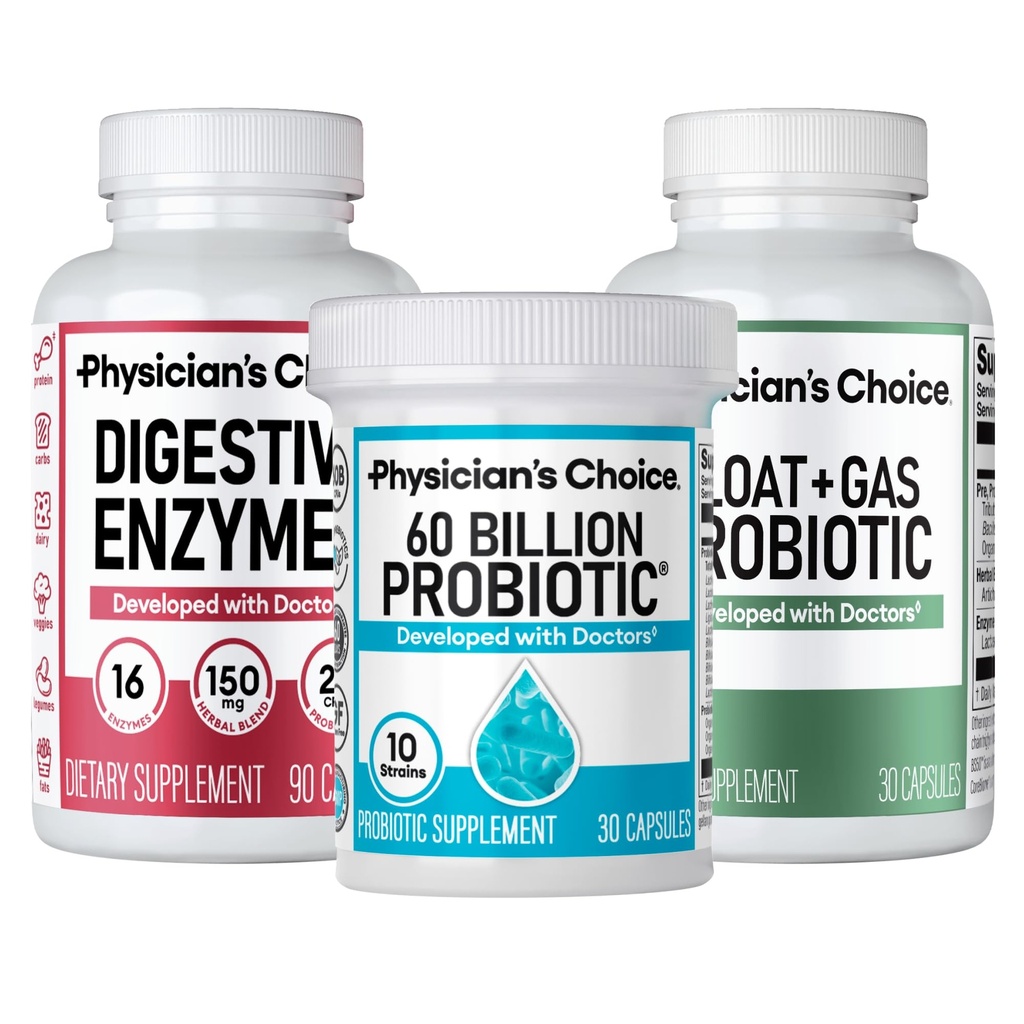 Physician's CHOICE Gut Value Bundle: 60 Billion Probiotic 30ct + Bloat & Gas Probiotic 30ct + Digestive Enzymes 90ct