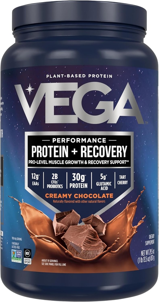 Vega Sport Vegan Protein Powder + Recuperación - 30g Proteína basada en plantas por Serving, Chocolate, 19 Servings, 5g BCAAs, Probiotics, NSF Certified, For Shakes & Smoothies, 1.8lbs (Packaging May Vary)