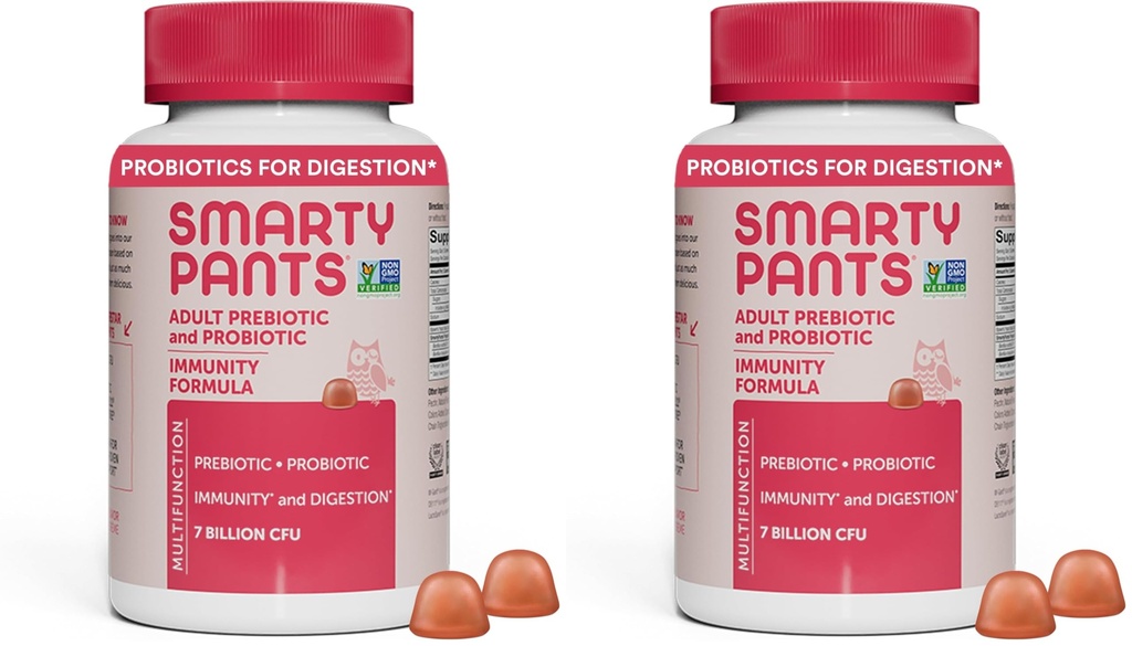 SmartyPants Adult Probiotic & Prebiotic Gummies for Digestive Health: Gut Health Supplement, Clinically Studied Prebiotic for Immune Support, Strawberry, 60 Count (30 Day Supply) (Pack of 2)
