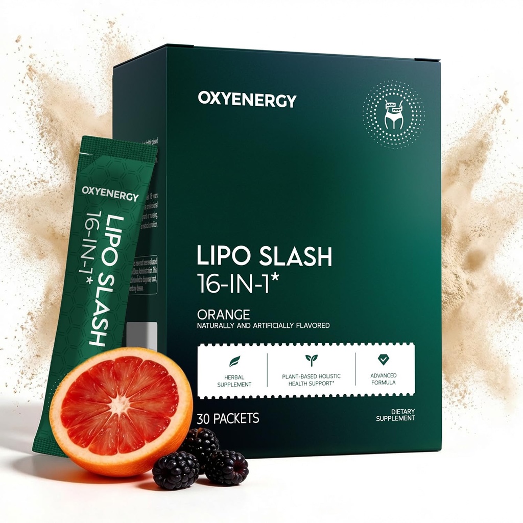 OxyEnergy LIPO Slash 16-en-1 Natural Weight Loss Supplement for Women and Men, Supports Gut Health, GLP-1 Activar " Weight Management, Vegan, Gluten-Free, Non-GMO, 30 Packets, Orange Flavor