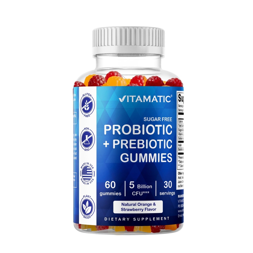 Vitamatic Probiotic Sugar Free Gummies for Men and Women – 5 Billion CFUs Digestive, Immune & Gut Health Support – Gluten Free