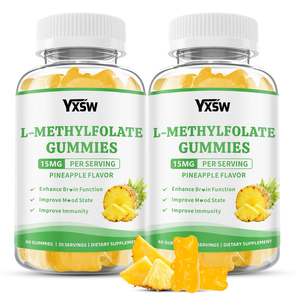 L-Methylfolate Gummies 15mg, Methylfolate Supplement, Folate Supplement for Support Mood, Brain Health, Immune System, Sugar Free, Pineapple Flavor, 120 Count